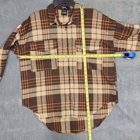 Spoon Jeans Plaid Flannel Button Up Shirt XL High Low Brown Plaid  Round Hem - Picture 5 of 5